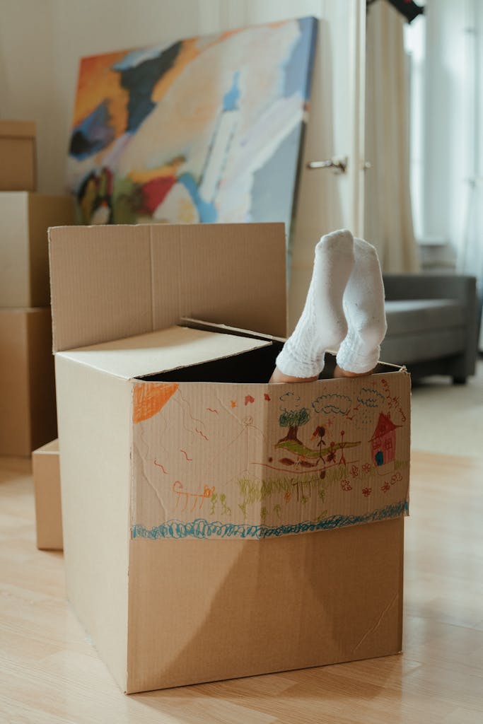 FHA Down Payment Assistance. A joyful child with socks on feet playing inside a decorated cardboard box in a cozy indoor setting.